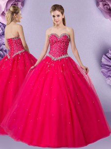 Classical Coral Red Ball Gowns Tulle Sweetheart Sleeveless Beading Floor Length Lace Up Vestidos de Quinceanera