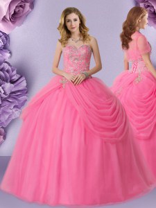 Popular Rose Pink Ball Gowns Beading and Pick Ups Ball Gown Prom Dress Lace Up Tulle Sleeveless Floor Length