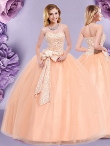 Admirable Floor Length Zipper Quinceanera Gowns Peach for Military Ball and Sweet 16 and Quinceanera with Beading and Bowknot