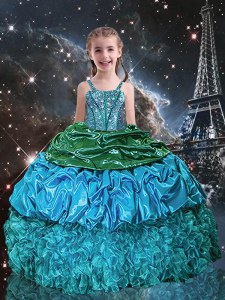 Aqua Blue Lace Up Spaghetti Straps Beading and Ruffles and Pick Ups Child Pageant Dress Organza Sleeveless