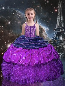 Floor Length Eggplant Purple Little Girl Pageant Gowns Organza Sleeveless Beading and Ruffles and Pick Ups