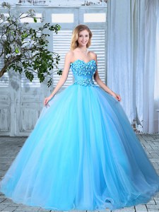 Customized Baby Blue Sweet 16 Dresses Prom and For with Appliques Sweetheart Sleeveless Lace Up