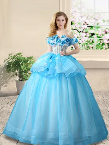 Baby Blue Off The Shoulder Lace Up Beading and Appliques Quinceanera Dresses Sleeveless