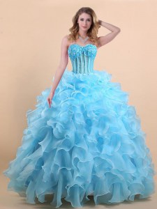 Custom Made Sleeveless Floor Length Appliques and Ruffles Lace Up Sweet 16 Quinceanera Dress with Light Blue