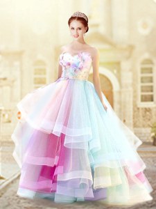 Top Selling Multi-color Zipper Sweetheart Ruffled Layers and Hand Made Flower Evening Dress Organza Sleeveless