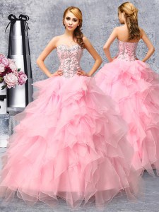 Organza Sweetheart Sleeveless Lace Up Beading and Ruffles 15 Quinceanera Dress in Rose Pink