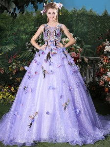 Scoop Sleeveless Appliques Lace Up Quinceanera Dress with Lavender Brush Train