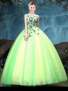 Elegant Multi-color Lace Up V-neck Appliques Quinceanera Gowns Tulle Sleeveless