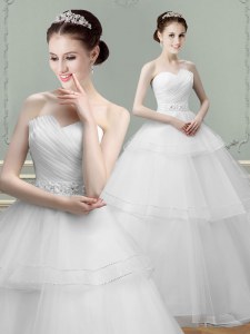 White Tulle Lace Up Bridal Gown Sleeveless Floor Length Beading and Ruching