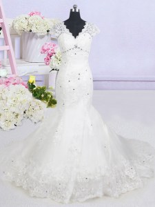 Spectacular Mermaid White Tulle Lace Up V-neck Cap Sleeves With Train Wedding Dresses Brush Train Beading and Lace