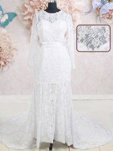 Romantic Scoop Lace Beading and Belt Wedding Gown White Zipper Long Sleeves With Brush Train