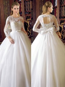 Gorgeous Scoop Floor Length Ball Gowns Long Sleeves White Wedding Dress Lace Up