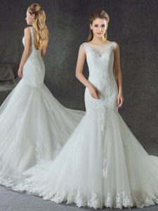 Custom Design White Mermaid Scoop Sleeveless Tulle With Train Court Train Lace Up Lace and Appliques Bridal Gown