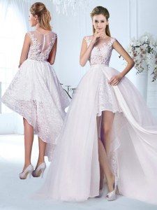 See Through White Wedding Gown Wedding Party and For with Lace and Appliques Scoop Cap Sleeves Zipper