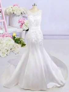 Mermaid Scoop Backless Wedding Gowns White for Wedding Party with Beading and Lace and Appliques Court Train