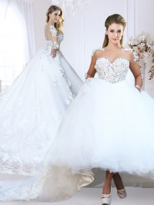 Spectacular White Long Sleeves Chapel Train Lace and Appliques With Train Wedding Dresses
