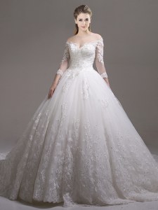 Colorful Off the Shoulder White Ball Gowns Lace and Appliques Bridal Gown Zipper Tulle Half Sleeves