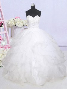 Cheap White Organza Lace Up Sweetheart Sleeveless Wedding Dresses Brush Train Beading and Ruffled Layers