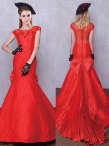 Fantastic Mermaid Scoop Short Sleeves Bridal Gown Brush Train Lace and Bowknot and Pleated Red Taffeta and Lace