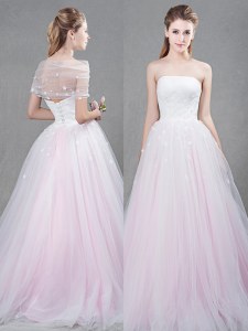 Pink Tulle Lace Up Strapless Sleeveless With Train Wedding Gown Brush Train Appliques