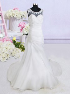 See Through Scoop Sleeveless Wedding Gowns With Brush Train Beading and Appliques White Organza
