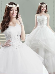 Charming Ball Gowns Wedding Gowns White Strapless Tulle Sleeveless Floor Length Lace Up
