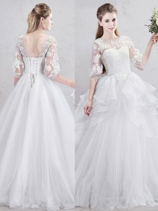 Cute Scoop Half Sleeves Tulle With Brush Train Lace Up Wedding Gown in White with Lace and Ruffles