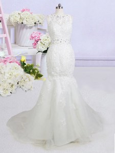Custom Made Mermaid Sleeveless Brush Train Beading and Appliques Backless Wedding Dress