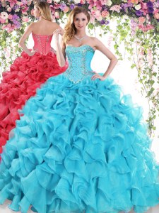 Sexy Sweetheart Sleeveless Organza Quinceanera Gowns Beading and Ruffles Sweep Train Lace Up