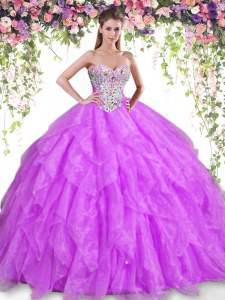 Sweetheart Sleeveless Quinceanera Dresses Floor Length Beading and Ruffles Purple Organza