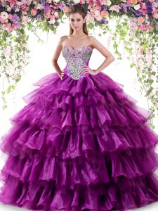 Simple Purple Lace Up Sweet 16 Quinceanera Dress Beading and Ruffled Layers Sleeveless Floor Length