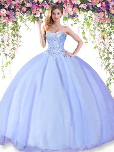 Lavender Ball Gowns Beading Sweet 16 Dress Lace Up Tulle Sleeveless Floor Length