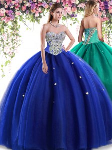 Cute Royal Blue Tulle Lace Up Quinceanera Dress Sleeveless Floor Length Beading
