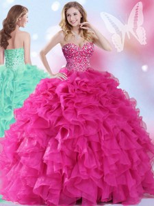 Hot Pink Sleeveless Floor Length Beading and Ruffles Lace Up Sweet 16 Dress