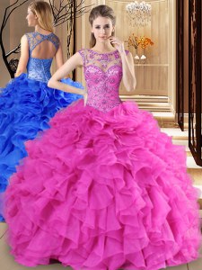 Fashionable Scoop Sleeveless Sweet 16 Quinceanera Dress Floor Length Beading and Ruffles Hot Pink Organza