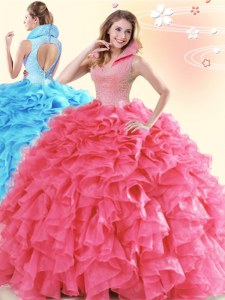 Glorious High-neck Sleeveless Backless Quinceanera Dress Coral Red Organza