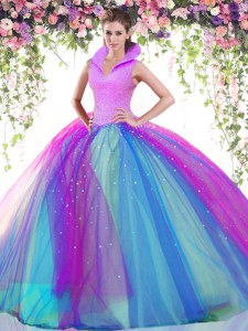 Multi-color Ball Gowns High-neck Sleeveless Tulle Floor Length Backless Beading Ball Gown Prom Dress