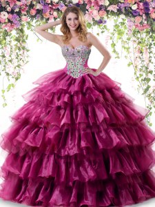 Fuchsia Lace Up Sweetheart Beading and Ruffled Layers Quinceanera Dresses Organza Sleeveless