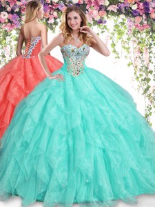 Beading and Ruffles Quince Ball Gowns Apple Green Lace Up Sleeveless Floor Length