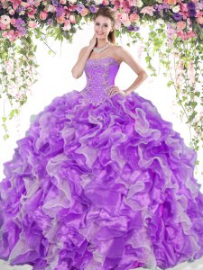 Lovely White And Purple Sleeveless Beading and Ruffles Floor Length Sweet 16 Dresses
