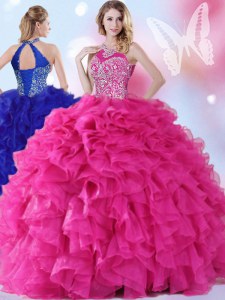 Fabulous Hot Pink Organza Lace Up Halter Top Sleeveless Floor Length Quinceanera Gown Beading and Ruffles