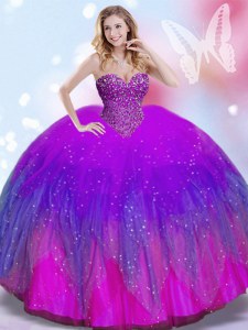 Simple Multi-color Ball Gowns Tulle Sweetheart Sleeveless Beading Floor Length Lace Up Sweet 16 Dress