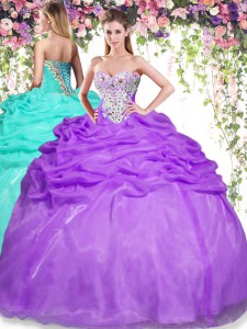 Floor Length Lace Up Sweet 16 Quinceanera Dress Eggplant Purple for Military Ball and Sweet 16 and Quinceanera with Beading and Pick Ups