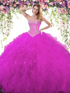Trendy Sweetheart Sleeveless Quinceanera Dress Floor Length Beading Fuchsia Tulle