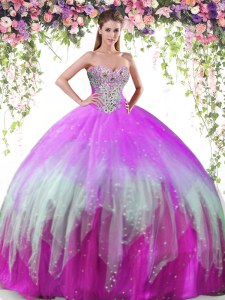 On Sale Multi-color Ball Gowns Sweetheart Sleeveless Tulle Floor Length Lace Up Beading Quinceanera Dress