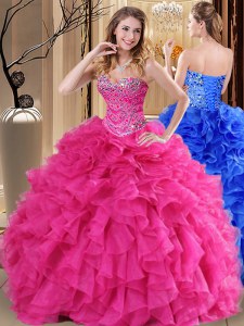 Sweetheart Sleeveless Vestidos de Quinceanera Floor Length Beading and Ruffles Hot Pink Organza