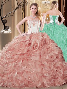 Low Price Champagne Lace Up Strapless Embroidery and Ruffles Sweet 16 Dress Organza Sleeveless