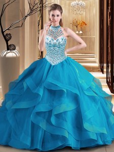 Luxury Halter Top Tulle Sleeveless With Train Sweet 16 Quinceanera Dress Brush Train and Beading and Ruffles