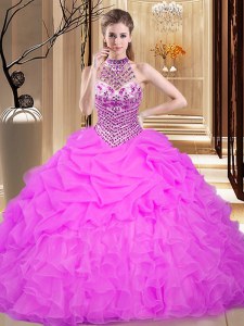 Lilac Quinceanera Dress Military Ball and Sweet 16 and Quinceanera and For with Beading and Ruffles and Pick Ups Halter Top Sleeveless Lace Up