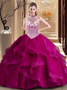 On Sale Halter Top With Train Ball Gowns Sleeveless Fuchsia Quinceanera Dress Brush Train Lace Up